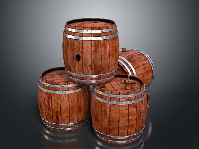 Rustic Wooden Barrels With Metal Hoops Stacked For Home Storage Use 3d model