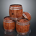 Rustic Wooden Barrels With Metal Hoops Stacked For Home Storage Use