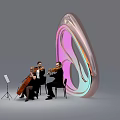 Curved Iridescent Gradient Pink Blue Art Installation With Musicians Performing String Instruments