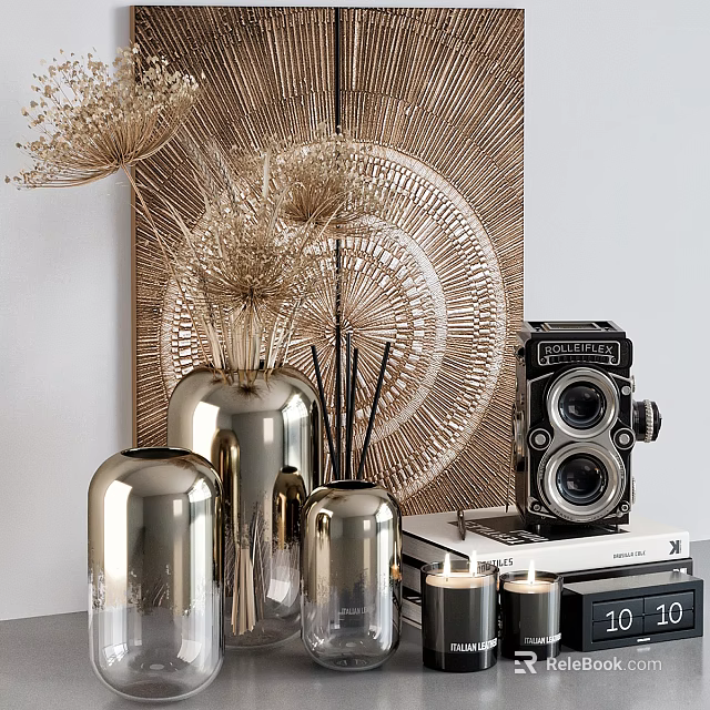 Decorative Ornaments Set with Silver Vases Dried Pampas Grass Vintage Camera Wall Art and Candles 3d model 