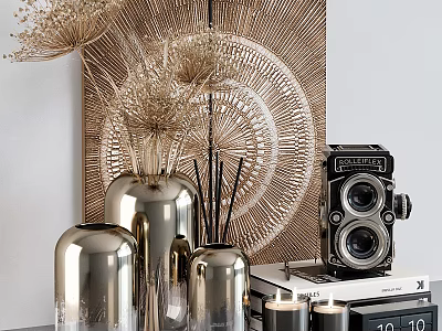 Decorative Ornaments Set with Silver Vases Dried Pampas Grass Vintage Camera Wall Art and Candles 3d model