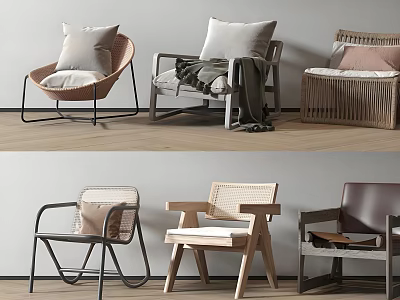 Various Design Leisure Chairs With Rattan Wooden Metal Frames And Soft Cushions 3d model