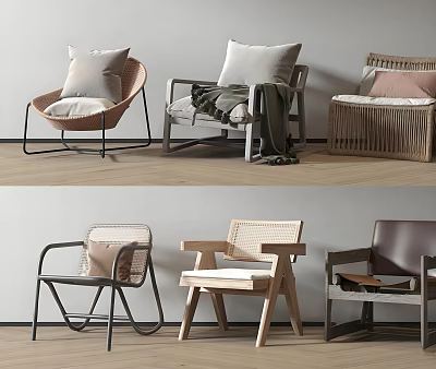 Various Design Leisure Chairs With Rattan Wooden Metal Frames And Soft Cushions 3d model