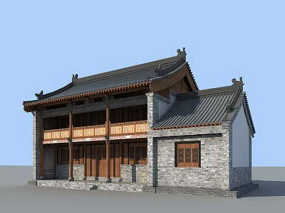 Traditional Chinese Ancient Building With Sloped Roof Ornate Eaves Stone Walls And Wooden Doors 3d model