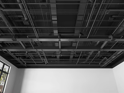 Industrial Ceiling Design With Exposed Metal Frames And Pipe Structures 3d model
