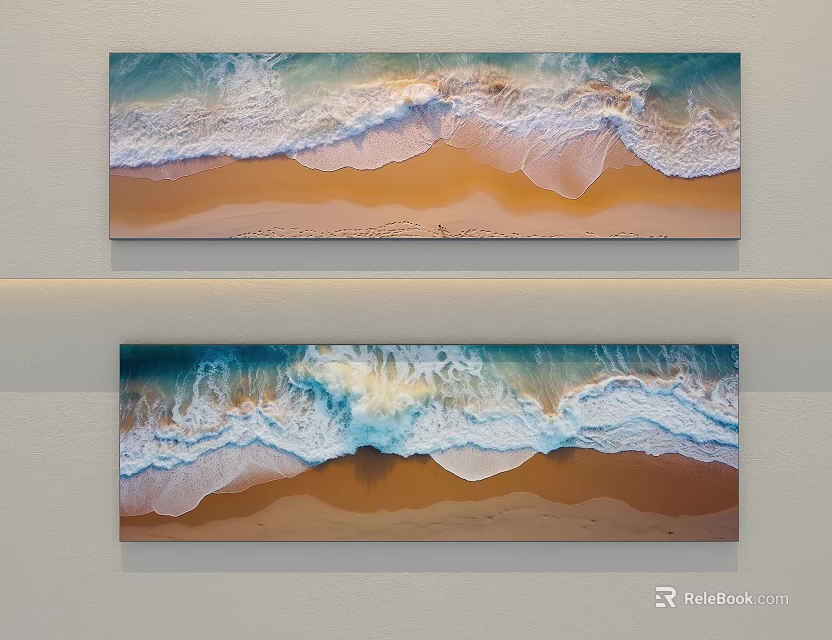 Two Panel Seascape Landscape Paintings With Rolling Waves On Sandy Beach 3d model