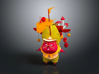 Cartoon Reptile Character With Red Body Yellow Hat Orange Decorations Red Lanterns And Mushroom Items 3d model