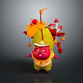 Cartoon Reptile Character With Red Body Yellow Hat Orange Decorations Red Lanterns And Mushroom Items