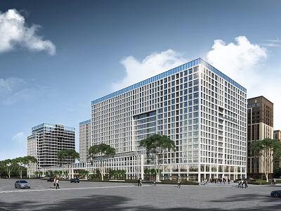 Modern Tall Office Building With Glass Curtain Wall Surrounding Trees Street Pedestrians And Vehicles 3d model