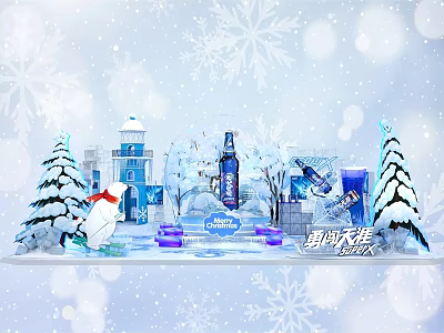 Liquor Store Festive Winter Christmas Decorations With Snowy Trees Snowman Blue Beer Bottles 3d model