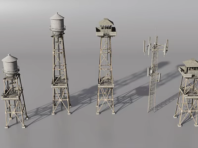 3D Rendering Of Various Water Towers And Communication Towers On Gray Background 3d model