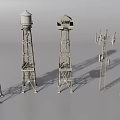 3D Rendering Of Various Water Towers And Communication Towers On Gray Background