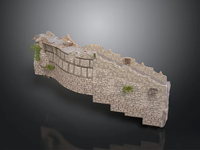 Ancient City Wall Model With Stone Construction And Green Plants 3d model