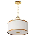 Elegant Hanging Chandelier With Gold Chain Wooden Accents And White Lampshade