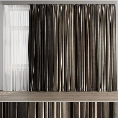 Luxurious Dark Velvet Curtains With White Sheer Panels By Window On Wooden Floor 3d model