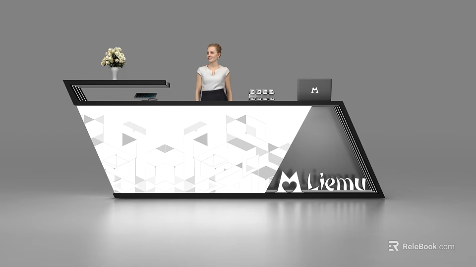 Modern Geometric Reception Desk with Female Receptionist Flower Vase and Liemu Logo 3d model 