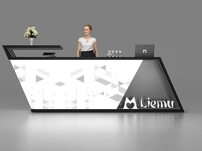 Modern Geometric Reception Desk with Female Receptionist Flower Vase and Liemu Logo 3d model