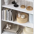 White Console And Side Cabinet With Open Shelves Storage Drawers And Decorative Jars