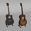 Musical Instruments Acoustic Guitars Black and Brown Models on Stands Displayed Against White Background