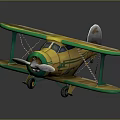Yellow Biplane Toy Model With Green Accents Cartoon Style And Dual Wings Propeller