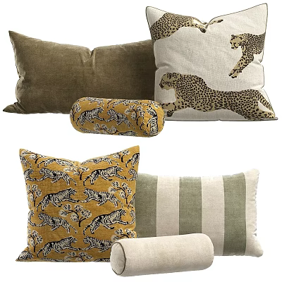 Stylish Decorative Throw Pillows With Leopard Tiger Prints And Striped Patterns 3d model