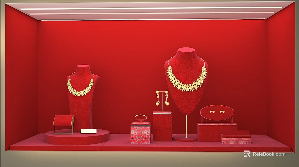 Luxury Jewelry Display with Red Background Mannequins Necklaces Earrings and Cases 3d model 