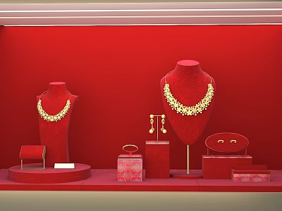 Luxury Jewelry Display with Red Background Mannequins Necklaces Earrings and Cases 3d model
