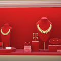 Luxury Jewelry Display with Red Background Mannequins Necklaces Earrings and Cases
