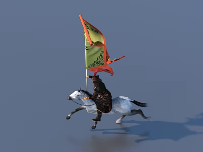 Game Movie Character Riding White Running Horse Holding Green And Orange Patterned Flag 3d model