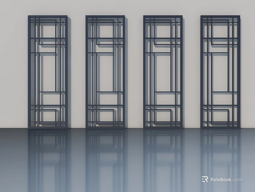 Four Black Frame Swing Doors With Geometric Pattern Design On White Wall Smooth Floor 3d model