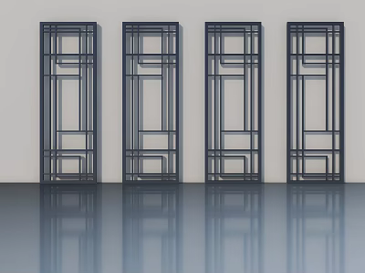 Four Black Frame Swing Doors With Geometric Pattern Design On White Wall Smooth Floor 3d model