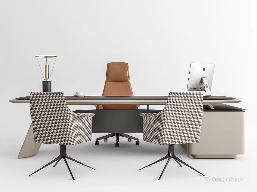 Modern Office Desk With Table Lamp Computer Monitor Brown Chair And Patterned Seats 3d model 