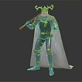 Warrior With Horned Helmet Holding Sword In Silver Armor Green Tunic And Cape