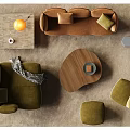 Modern Sofa Coffee Table Set Interior With Brown Green Pillows Wooden Table And Ottomans