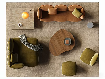 Modern Sofa Coffee Table Set Interior With Brown Green Pillows Wooden Table And Ottomans 3d model