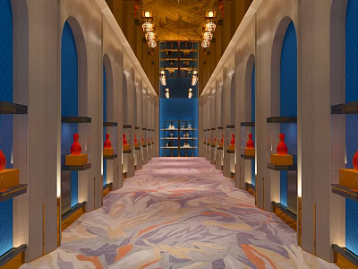 Elevator Corridor With Arched Design Blue Walls Decorative Ornaments And Colorful Carpet 3d model