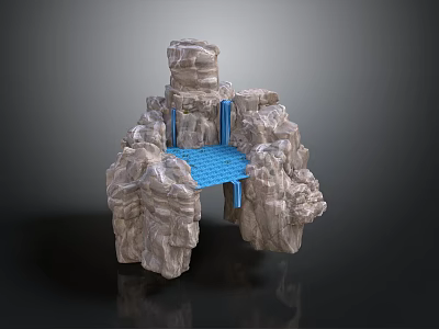 Detailed Rock Formation Structure With Blue Bridge And Flowing Waterfalls 3d model