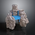 Detailed Rock Formation Structure With Blue Bridge And Flowing Waterfalls