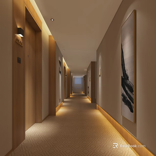 Modern Hotel Corridor With Warm Lighting Wooden Doors Wall Art And Carpeted Floor 3d model 