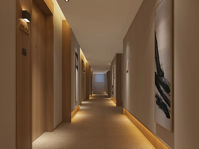 Modern Hotel Corridor With Warm Lighting Wooden Doors Wall Art And Carpeted Floor 3d model