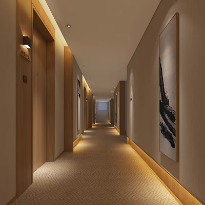 Modern Hotel Corridor With Warm Lighting Wooden Doors Wall Art And Carpeted Floor 3d model