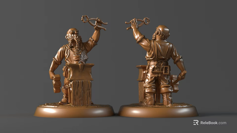 Handcrafted Artisan Copper Sculpture Carving Two Angles With Tool And Detailed Base 3d model 
