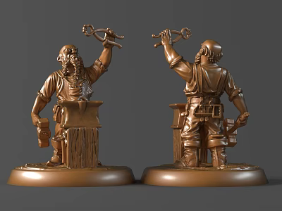 Handcrafted Artisan Copper Sculpture Carving Two Angles With Tool And Detailed Base 3d model