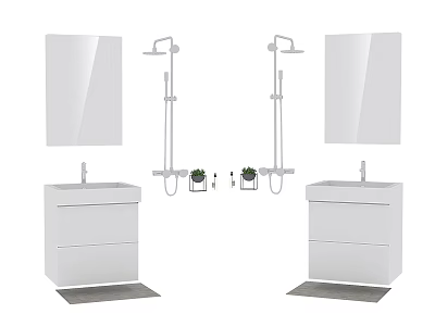 Modern Double Bathroom Mirrors With White Vanity Cabinets And Small Plants 3d model