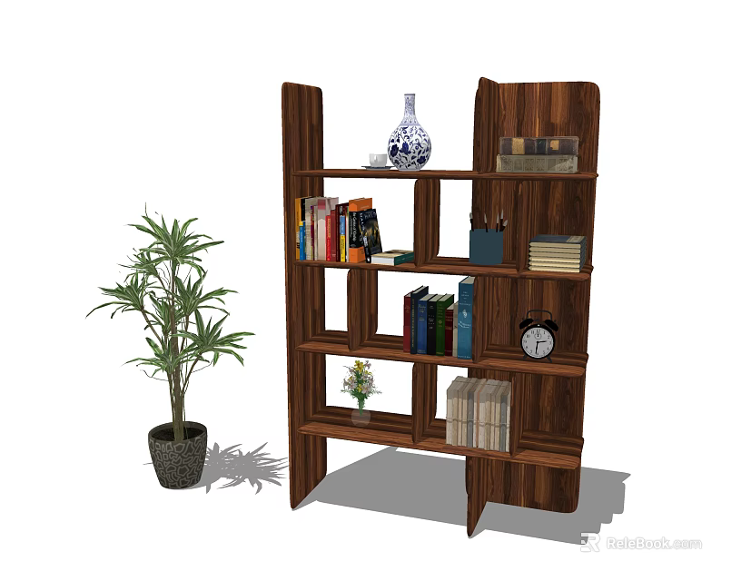 Modern Wooden Bookshelf With Books Vase Clock Stationery And Green Plant 3d model 