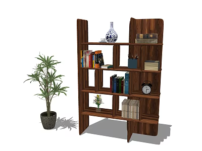 Modern Wooden Bookshelf With Books Vase Clock Stationery And Green Plant 3d model