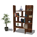 Modern Wooden Bookshelf With Books Vase Clock Stationery And Green Plant