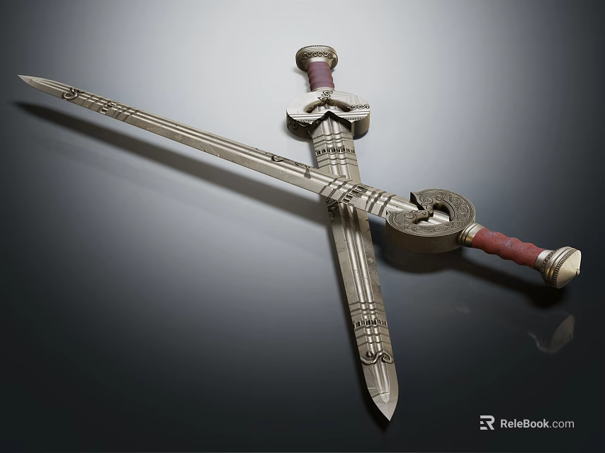 Crossed Decorative Swords With Silver Blades And Red Handles On Black Surface 3d model 