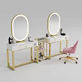 Elegant Dressing Table With Gold Frame White Countertop Round Mirrors And Pink Chair