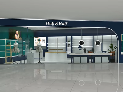 Half&Half Modern Boutique Store With Display Shelves Mannequin Round Mirrors And Green Plant 3d model